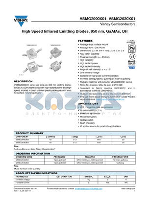 VSMG2020X01 datasheet - High Speed Infrared Emitting Diodes, 850 nm, GaAlAs, DH