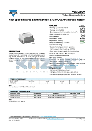 VSMG2720 datasheet - High Speed Infrared Emitting Diode, 830 nm, GaAlAs Double Hetero