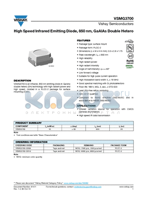 VSMG3700-GS08 datasheet - High Speed Infrared Emitting Diode, 850 nm, GaAlAs Double Hetero