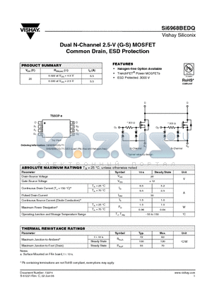 SI6968BEDQ-T1-GE3 datasheet - Dual N-Channel 2.5-V (G-S) MOSFET Common Drain, ESD Protection