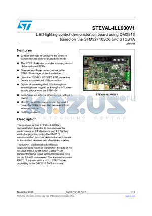 STEVAL-ILL030V1 datasheet - LED lighting control demonstration board using DMX512 based on the STM32F103C6 and STCS1A