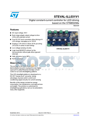 STEVAL-ILL031V1 datasheet - Digital constant-current controller for LED driving based on the STM8S208x