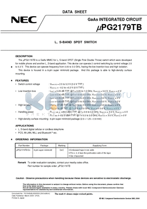UPG2179TB datasheet - L, S-BAND SPDT SWITCH