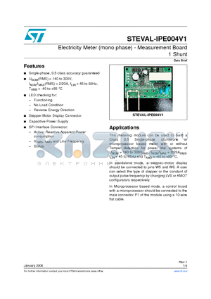 STEVAL-IPE004V1 datasheet - Electricity Meter (mono phase) - Measurement Board 1 Shunt