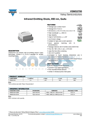 VSMS3700 datasheet - Infrared Emitting Diode, 950 nm, GaAs