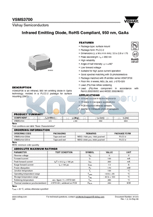VSMS3700-GS08 datasheet - Infrared Emitting Diode, RoHS Compliant, 950 nm, GaAs