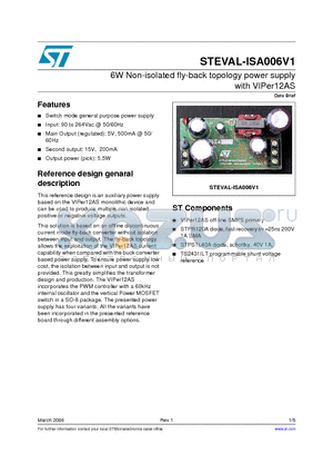 STEVAL-ISA006V1 datasheet - 6W Non-isolated fly-back topology power supply with VIPer12AS