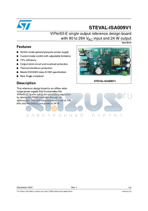 STEVAL-ISA009V1 datasheet - VIPer53-E single output reference design board with 90 to 264 VAC input and 24 W output