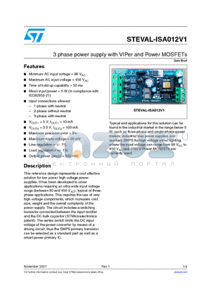 STEVAL-ISA012V1 datasheet - 3 phase power supply with VIPer and Power MOSFETs