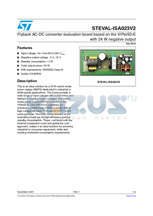 STEVAL-ISA023V2 datasheet - Flyback AC-DC converter evaluation board based on the VIPer53-E with 24 W negative output