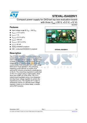 STEVAL-ISA029V1 datasheet - Compact power supply for DVD/set top box evaluation board with three Vout (-30 V, 3.3 V, 12 V)