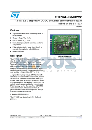 STEVAL-ISA042V2 datasheet - 1.5 A / 3.3 V step-down DC-DC converter demonstration board based on the ST1S03