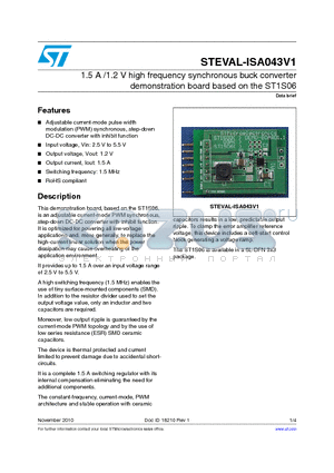 STEVAL-ISA043V1 datasheet - 1.5 A /1.2 V high frequency synchronous buck converter demonstration board based on the ST1S06