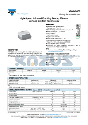 VSMY3850_1109 datasheet - High Speed Infrared Emitting Diode, 850 nm, Surface Emitter Technology