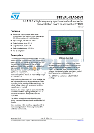 STEVAL-ISA043V2 datasheet - 1.5 A /1.2 V high-frequency synchronous buck converter demonstration board based on the ST1S06