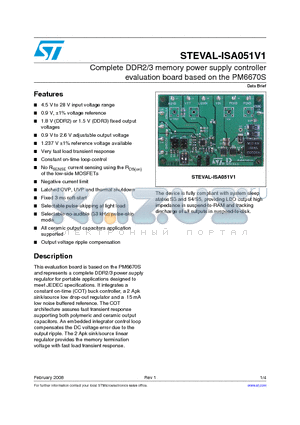 STEVAL-ISA051V1 datasheet - Complete DDR2/3 memory power supply controller evaluation board based on the PM6670S