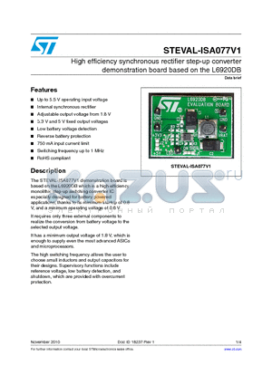 STEVAL-ISA077V1 datasheet - High efficiency synchronous rectifier step-up converter demonstration board based on the L6920DB