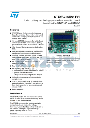 STEVAL-ISB011V1 datasheet - Li-ion battery monitoring system demonstration board based on the STC3100 and STM32