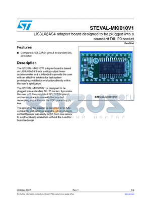 STEVAL-MKI010V1 datasheet - LIS3L02AS4 adapter board designed to be plugged into a standard DIL 20 socket
