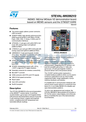 STEVAL-MKI062V2 datasheet - iNEMO: iNErtial MOdule V2 demonstration board based on MEMS sensors and the STM32F103RE