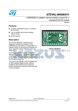 STEVAL-MKI064V1 datasheet - LSM303DLH adapter demonstration board for a standard DIL24 socket