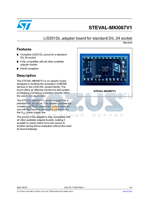 STEVAL-MKI087V1 datasheet - LIS331DL adapter board for standard DIL 24 socket