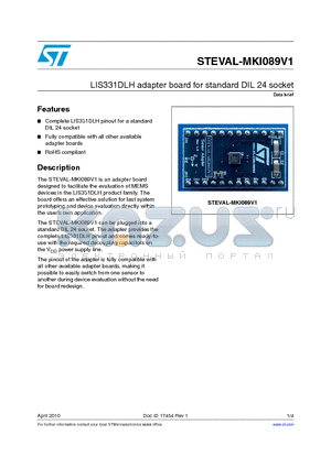STEVAL-MKI089V1 datasheet - LIS331DLH adapter board for standard DIL 24 socket