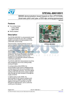 STEVAL-MKI100V1 datasheet - MEMS demonstration board based on the LPY4150AL (dual-axis pitch and yaw a1500 dps analog gyroscope)