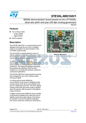 STEVAL-MKI104V1 datasheet - MEMS demonstration board based on the LPY403AL (dual-axis pitch and yaw a30 dps analog gyroscope)