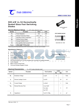 TCLL4151 datasheet - 500 mW LL-34 Hermetically Sealed Glass Fast Switching Diodes