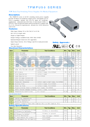 TPMPU50-104 datasheet - 50W Desk Top Switching Power Supplies For Medical Equipment.