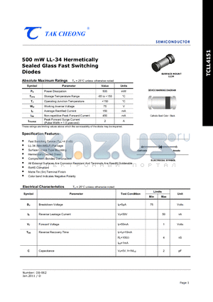 TCLL4151_11 datasheet - 500 mW LL-34 Hermetically Sealed Glass Fast Switching Diodes