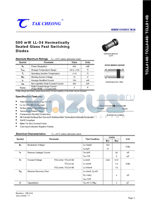 TCLL4148 datasheet - 500 mW LL-34 Hermetically Sealed Glass Fast Switching Diodes