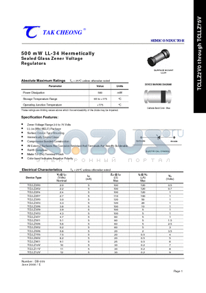 TCLLZ11V datasheet - 500 mW LL-34 Hermetically Sealed Glass Zener Voltage Regulators