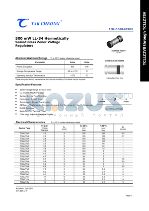 TCLLZ12V datasheet - 500 mW LL-34 Hermetically Sealed Glass Zener Voltage Regulators