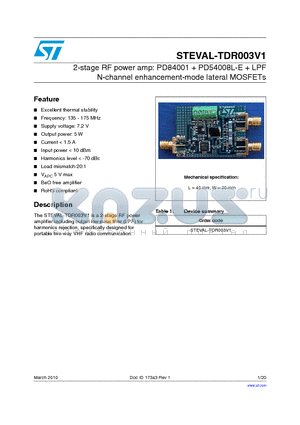 STEVAL-TDR003V1 datasheet - 2-stage RF power amp: PD84001  PD54008L-E  LPF N-channel enhancement-mode lateral MOSFETs