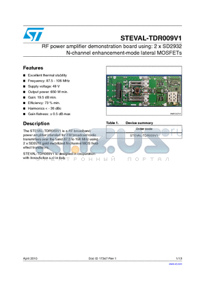 STEVAL-TDR009V1 datasheet - RF power amplifier demonstration board using: 2 x SD2932 N-channel enhancement-mode lateral MOSFETs