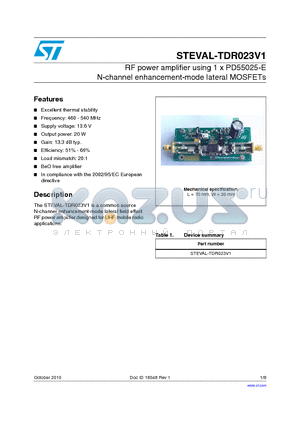 STEVAL-TDR023V1 datasheet - RF power amplifier using 1 x PD55025-E N-channel enhancement-mode lateral MOSFETs