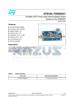 STEVAL-TDR025V1 datasheet - Portable UHF 2-way radio demonstration board based on the PD84001