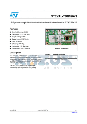 STEVAL-TDR028V1 datasheet - RF power amplifier demonstration board based on the STAC2942B