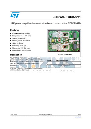 STEVAL-TDR029V1 datasheet - RF power amplifier demonstration board based on the STAC2942B