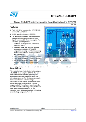 STEVAL-TLL003V1 datasheet - Power flash LED driver evaluation board based on the STCF02
