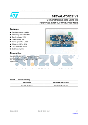 STEVAL-TDR021V1 datasheet - Demonstration board using the PD84008L-E for 900 MHz 2-way radio