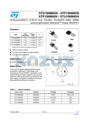 STF10NM65N datasheet - N-channel 650 V - 0.43 Y - 9 A - TO-220 - TO-220FP- IPAK - DPAK second generation MDmesh Power MOSFET