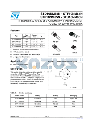 STF10NM65N datasheet - N-channel 650 V, 0.43 Y, 9 A MDmesh II Power MOSFET TO-220, TO-220FP, IPAK, DPAK