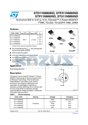 STF11NM60ND datasheet - N-channel 600 V, 0.37 Y, 10 A, FDmesh II Power MOSFET I2PAK, TO-220, TO-220FP, IPAK, DPAK