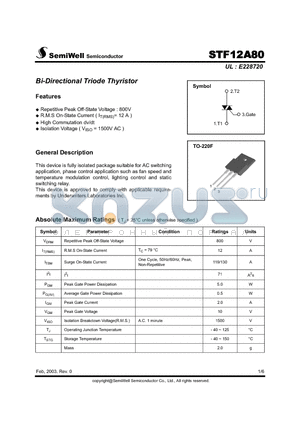 STF12A80 datasheet - Bi-Directional Triode Thyristor