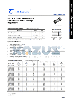 TCLLZ5226B datasheet - 500 mW LL-34 Hermetically Sealed Glass Zener Voltage Regulators