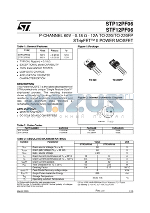 STF12PF06 datasheet - P-CHANNEL 60V - 0.18 ohm - 12A TO-220/TO-220FP STripFET II POWER MOSFET