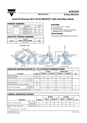 SI7872DP datasheet - Dual N-Channel 30-V (D-S) MOSFET with Schottky Diode